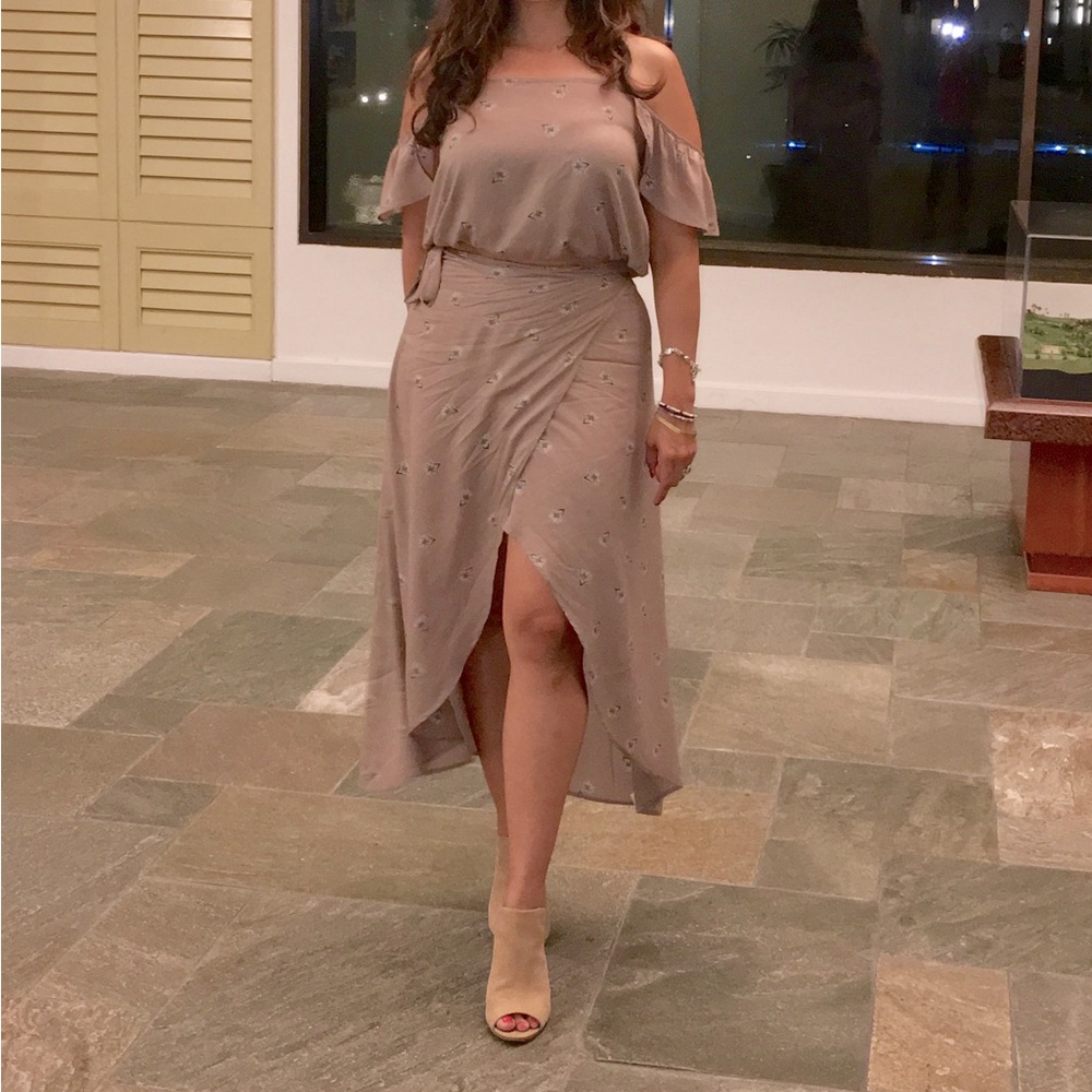 Amuse society two piece set with wrap skirt and off the shoulder top